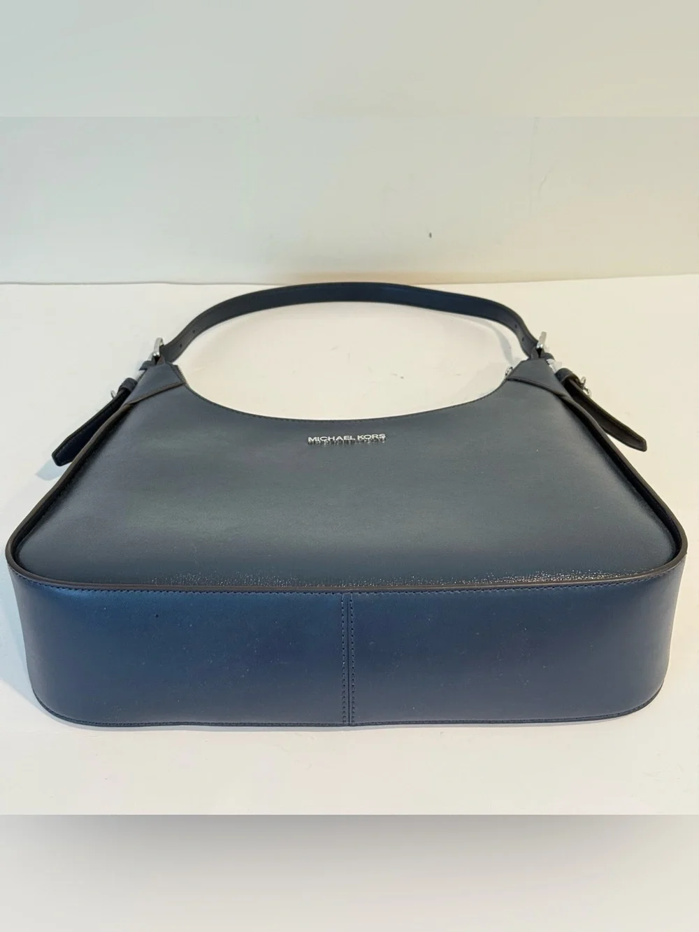 Michael Kors Wilma Navy Blue Leather Purse Silver Tone Chain Shoulder Bag